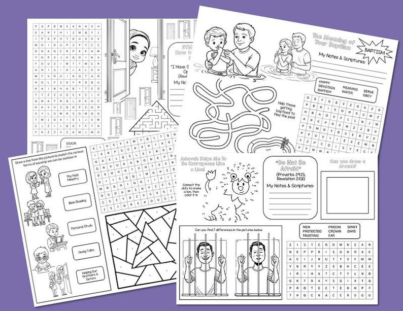 Puede incluir: Una colecci&oacute;n de hojas de actividades en blanco y negro con b&uacute;squedas de palabras, laberintos y p&aacute;ginas para colorear. Las hojas tienen temas religiosos, con im&aacute;genes de personas y texto relacionado con las Escrituras y el bautismo.