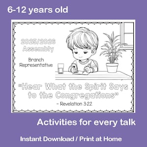 Könnte beinhalten: Schwarz-Weiß-Illustration eines Kindes an einem Schreibtisch mit einer Pflanze, einem Glas Wasser und Text. Der Text enthält "2025/2026 Versammlung", "Zweigrepräsentant" und "Hört, was der Geist den Versammlungen sagt".