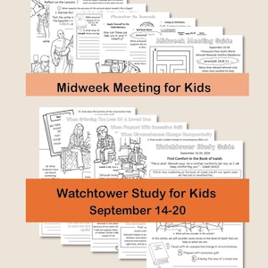 Puede incluir: Una colección de hojas de actividades impresas en blanco y negro para niños. El conjunto superior se titula Midweek Meeting for Kids, y el inferior Watchtower Study for Kids September 14-20, con ilustraciones, preguntas y texto.