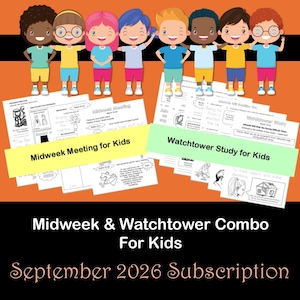 May include: A digital educational resource set featuring a cartoon illustration of eight diverse children above printed activity sheets. The text reads Midweek Meeting for Kids, Watchtower Study for Kids, Midweek & Watchtower Combo For Kids, and September 2026 Subscription.