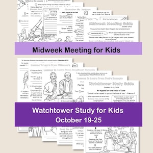 Könnte beinhalten: Ein Stapel schwarz-weiß bedruckter Arbeitsblätter für Kinder mit religiösen Studienführern, darunter Midweek Meeting for Kids und Watchtower Study for Kids, mit Illustrationen historischer Figuren und Text.