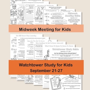 May include: A collection of black and white printed activity sheets for children, featuring text and illustrations. The top set is titled Midweek Meeting for Kids, and the bottom set is titled Watchtower Study Guide September 21-27, 2026.