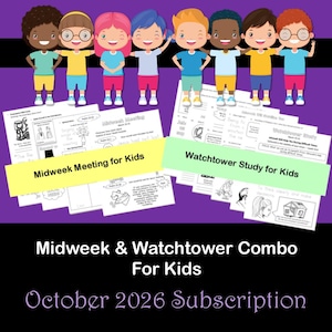 May include: A collection of educational activity sheets for children titled Midweek Meeting for Kids and Watchtower Study for Kids, featuring a row of eight diverse cartoon children at the top and the text Midweek & Watchtower Combo For Kids October 2026 Subscription.