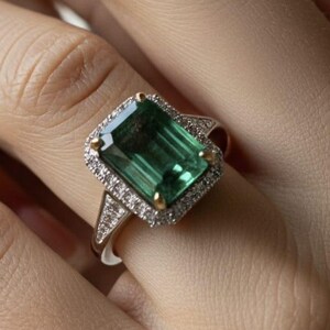 ユニークなエメラルドカットガラスのエメラルドエンゲージリング、ヴィンテージ925スターリングシルバーガラスエメラルドウェディングリング、ブライダルプロミスアニバーサリーギフト