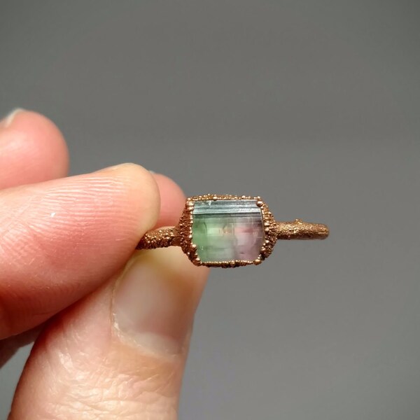 Gemstone Ring - Tourmaline Jewelry - Watermelon Tourmaline - Ring - Copper Electroformed - Stacking Ring - Hippie - Boho - Rustic