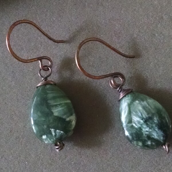 Seraphinite Earrings - Seraphinite Teardrops - Wire Wrap Earrings - Oxidized Copper - Antique - Simple Earrings - Dangle  Earrings