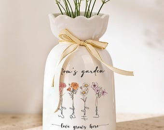 Custom First Mom Now Grandma Ceramic Flower Vase, Birth Month Flower Vase, Grandmas Garden Vase, Birthday Gift for Mom Nana Mothers Day Gift