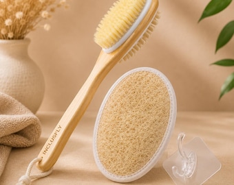 INCLUSFLY Bamboo Bath Brush & Loofah Set, Natural Body Exfoliating Spa Combo