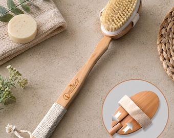 Detachable Wooden Bath Brush with Long Handle, Natural Bristle Body Scrubber, Dry Brushing Brush, Back Exfoliating Shower Brush, Spa Gift