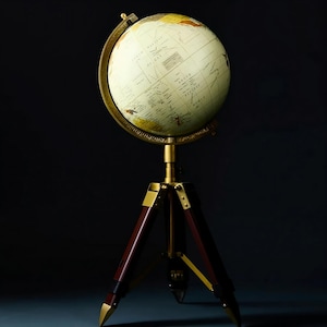 Brass World Globe with Wooden Stand – Large Antique Tabletop Terrestrial Globe | Vintage Globes with Stand for Library or Office Decor