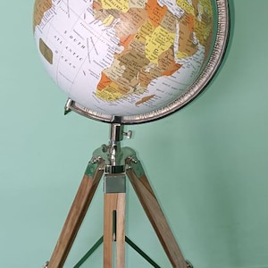 Modern World Globe with Wooden Tripod Stand – Large Floor Standing Atlas Globe for Home, Office & Study Decor – Unique Halloween Gift