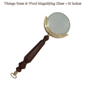 Vintage Brass & Wood Magnifying Glass 10&quot; Handheld Magnifier with Wooden Handle Nautical Desk Decor Reading Aid Sherlock Halloween Gift
