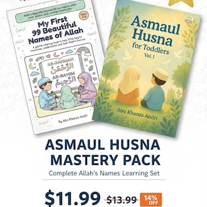 Puede incluir: Un paquete de 2 libros para niños. Los libros se titulan "My First 99 Beautiful Names of Allah" y "Asmaul Husna for Toddlers Vol. 1". El paquete se llama "Asmaul Husna Mastery Pack" y es para niños de 4 a 8 años.