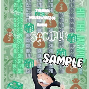Puede incluir: Un diseño de tarjeta de bingo con temática de Monopoly con un esquema de color verde y blanco. La tarjeta presenta dados, bolsas de dinero y el hombre de Monopoly. El texto incluye "SAMPLE", "HIT THE JACKPOT" y "THE REAL HOUSEWIVES OF BINGO".
