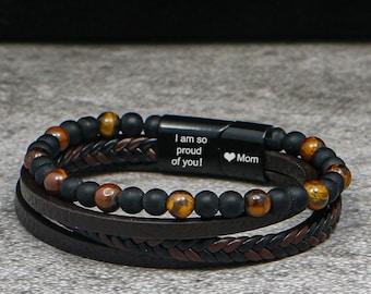 Personalized Leather Bracelet,Men's Hidden Message Bracelet,Premium Bead Bracelet,Proud of You Son Bracelet,Gift For Son,Son Graduation Gift