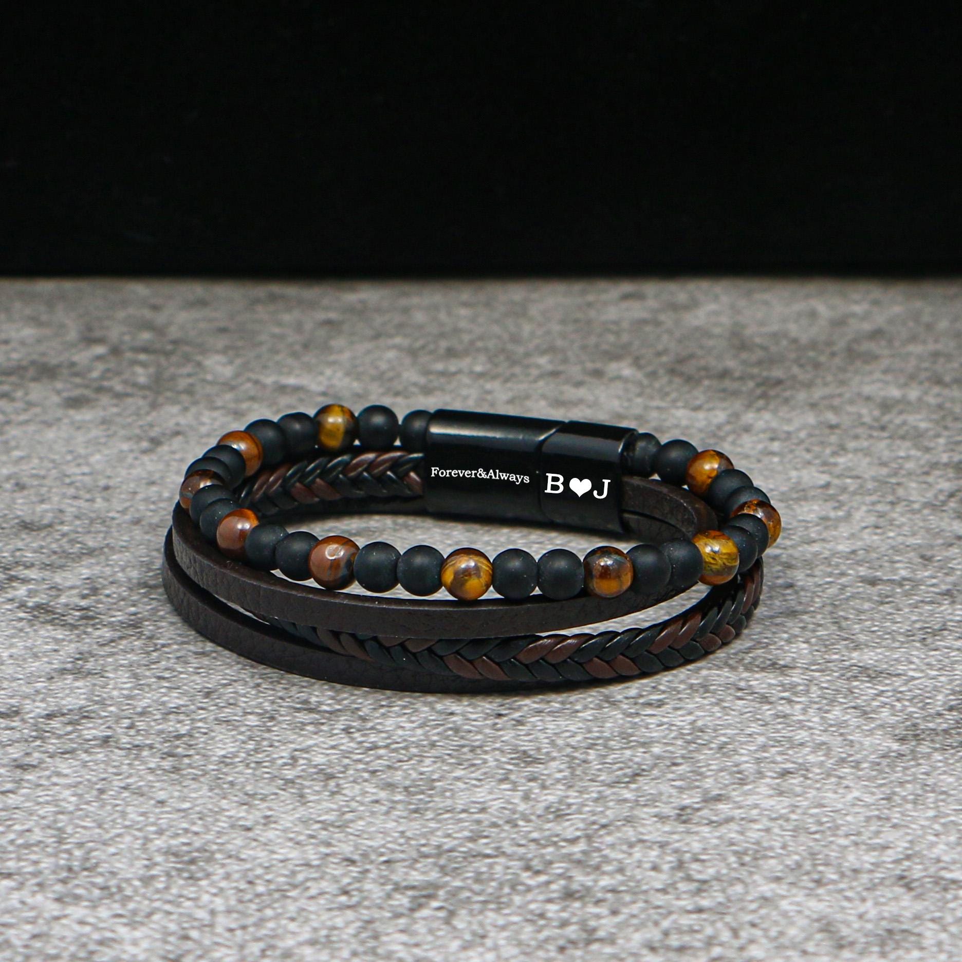 Bracciale da Donna in Pelle Marrone Intrecciata con Piccole Perline Personalizzate in Argento Placcato Oro