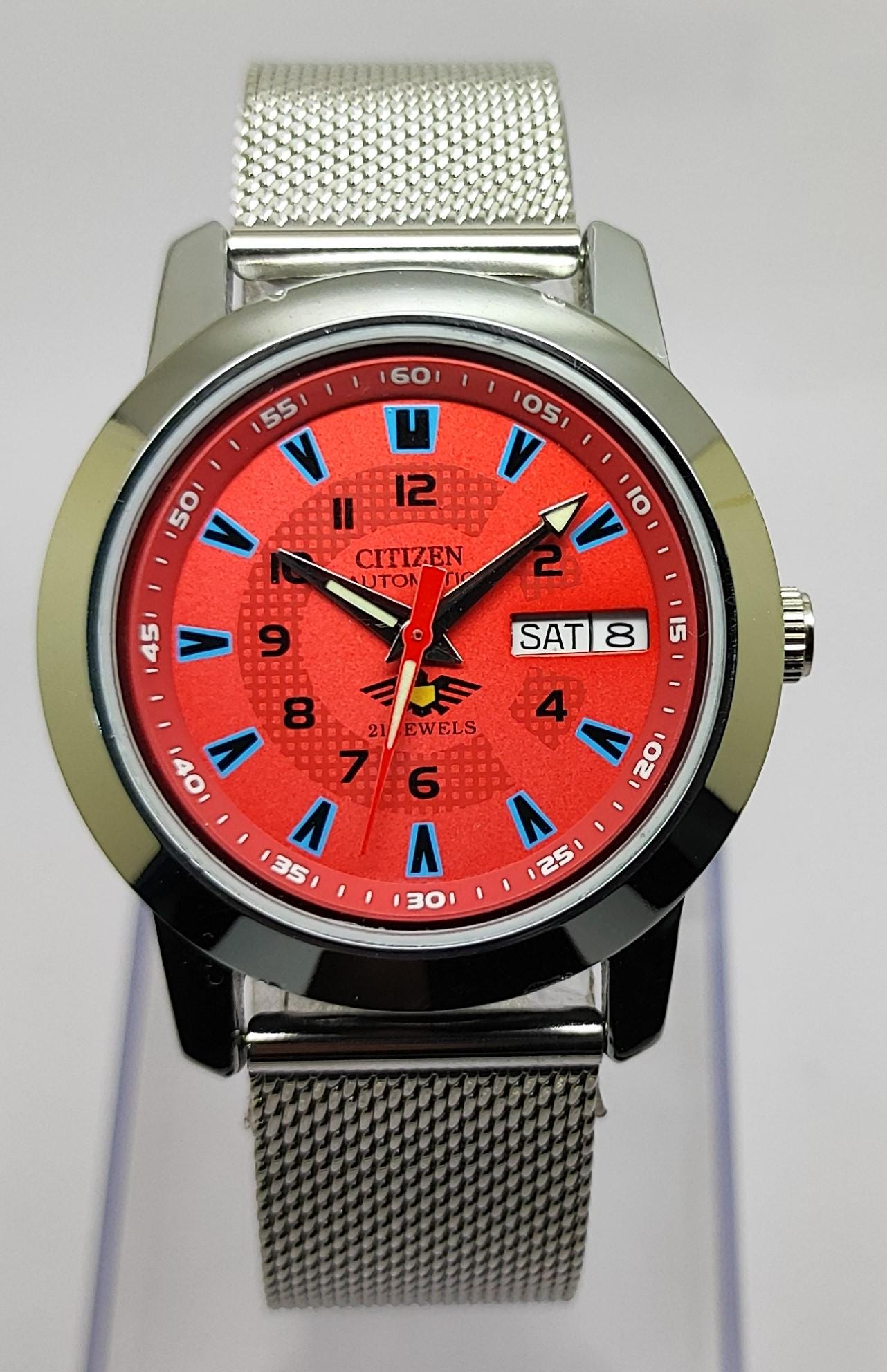 Reloj automático Citizen vintage / 21 joyas Japón / Esfera roja con índices azules / Reloj restaurado de los años 70 para hombre / Mecánico retro