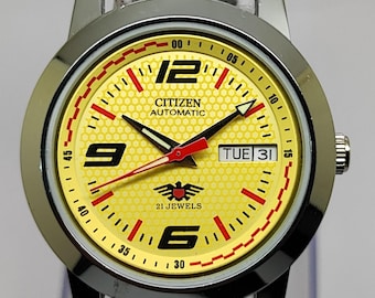 Reloj automático Citizen vintage / 21 joyas / Reloj de pulsera para hombre, años 70, fabricado en Japón / Reacondicionado y restaurado / Esfera amarilla / Reloj mecánico
