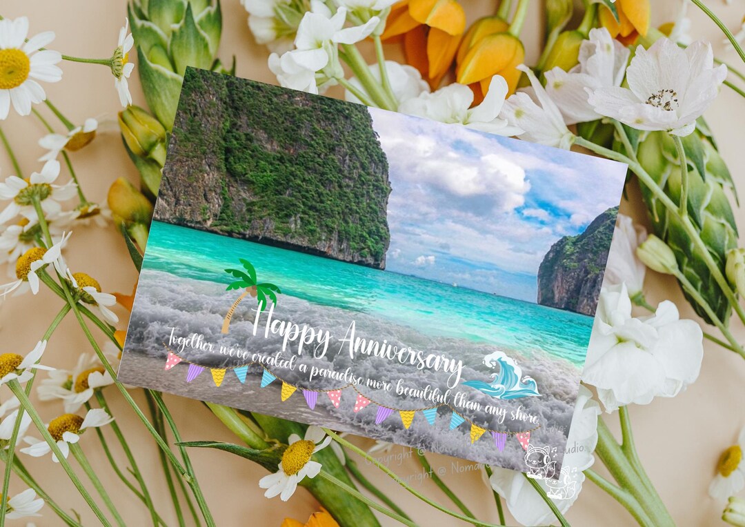 Tropical Beach Happy Anniversary Card – 7x5 Folded Greeting – Ocean ...