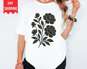 Vintage Floral Linocut Comfort Colors T-Shirt: Cottagecore Peony Design