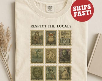Maglietta "Rispetta la gente del posto", maglietta "Creature della foresta criptica", grafica vintage "Alien Bigfoot", felpa con cappuccio "Introvert Comfort Colors"