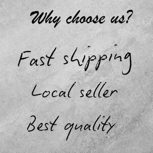 May include: A gray background with black handwritten text. The text reads "Why choose us? Fast shipping. Local seller. Best quality."