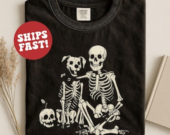 Skeleton Dog and Human Shirt, Funny Halloween Skeleton T Shirt, Spooky Dog Lover Tee, Gothic Graphic Shirt, Matching Skeleton Outfit
