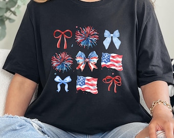 Patriotic 4th of July Bow Shirt: USA Flag Graphic Tee