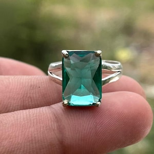 Emerald Cut Sterling Silver Statement Ring, Large Solitaire Prong-Set Gemstone