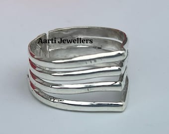925 Sterling Silver Multi Band Wave Ring, Wide Adjustable Ring for Women