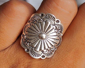 Southwestern Sterling Silver Statement Ring – Oxidized Floral Concho Wide Band
