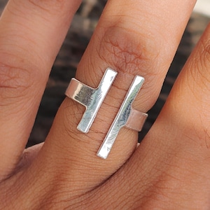 925 Sterling Silver Double Bar Minimalist Parallel Bar Adjustable Geometric Ring, Modern Statement Band, Handmade Jewelry