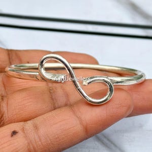 925 Sterling Silver Infinity Bangle, Handmade Minimalist Silver Hook Kada, Unique Open Loop Cuff Bracelet, Unisex Adjustable Bangle