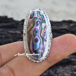 Handgemachte Abalone Muschel 925 Sterling Silber Ring Schillernde Oval Statement Handwerker Schmuck Geschenk für Sie