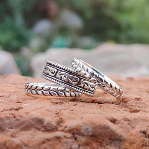 925 Sterling Silver Floral Filigree Stackable Ring Set of 3, Oxidized Boho Band, Textured Wheat Stacker, Vintage Jewelry, AartiJewellers