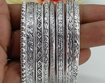 925 Sterling Silver Bangle Set | 8 Piece Sterling Silver Bangle Set – Stackable Boho Bracelets – Minimalist Handmade Jewelry Gift for Her