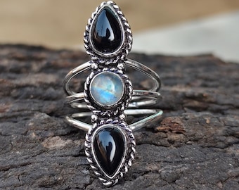 Natural Moonstone Black Onyx Sterling Silver Ring, Boho Statement Jewelry