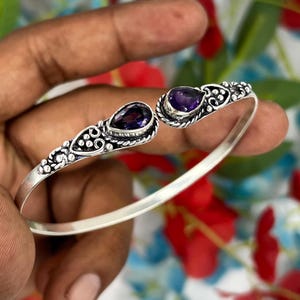 Bracelet manchette en améthyste : jonc fait main en argent sterling 925, style vintage