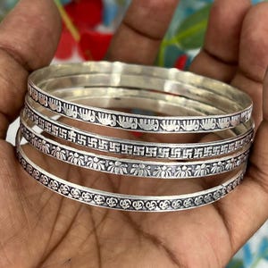 Oxidized 925 Silver Bangle Set: Indian Floral Swastik Kada