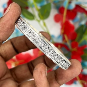 Vintage Floral Sterling Silver Bangle: Oxidized Boho Cuff Bracelet