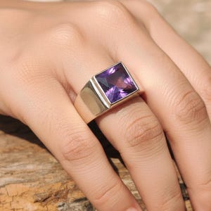 Men's Square Amethyst Ring | Sterling Silver Tank Style Statement Ring