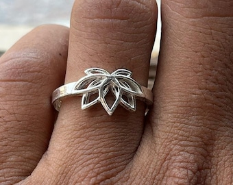 Sterling Silver Lotus Flower Ring – Minimalist Boho Yoga Jewelry for Women