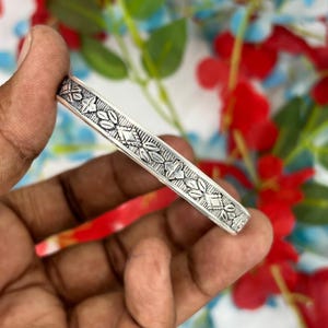 Handcrafted Sterling Silver Floral Bangle: Oxidized Vintage Indian Bracelet