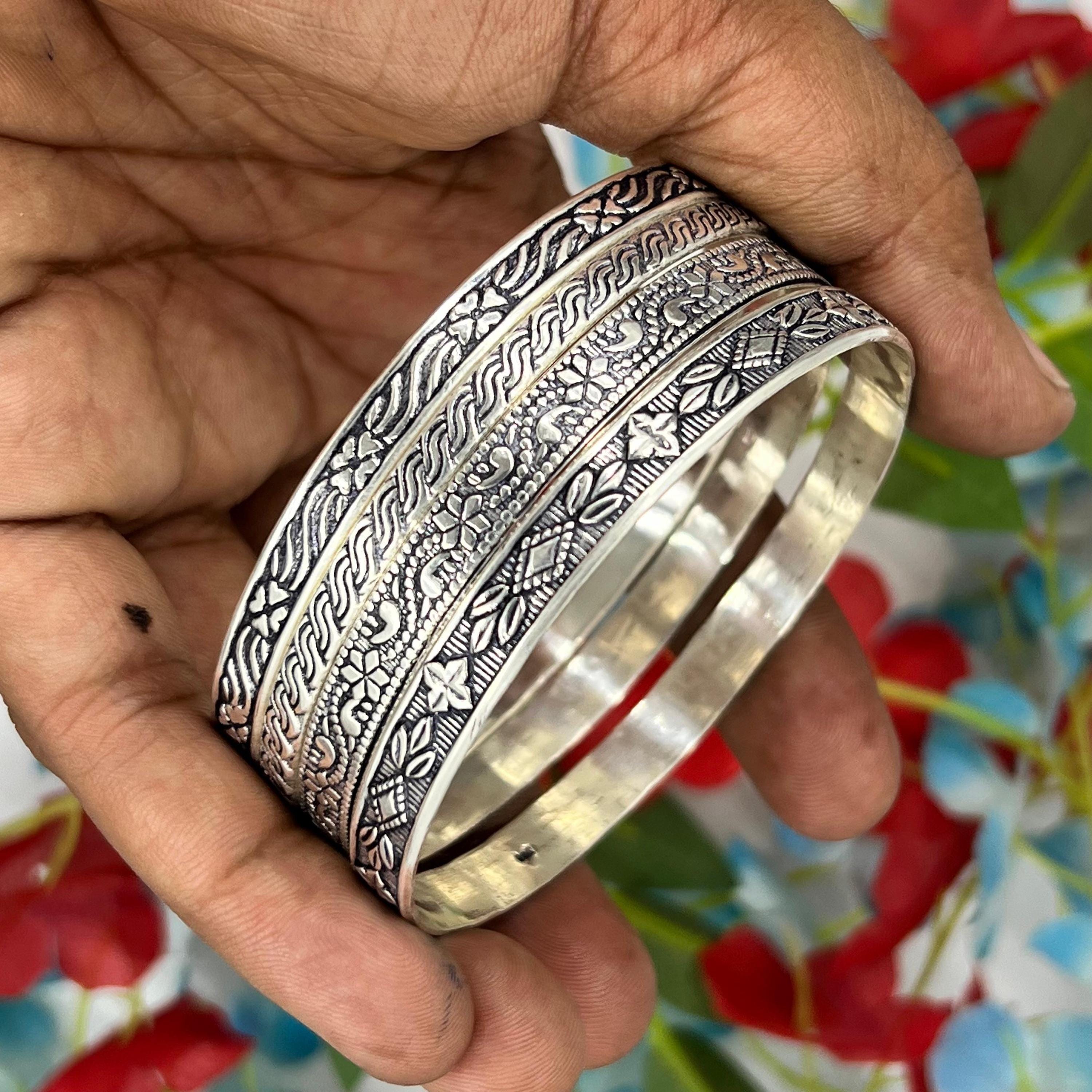 Handmade Oxidized 925 Silver Bangle: Tribal Floral Cuff Bracelet