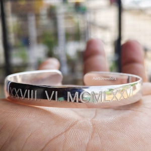 Custom Roman Numeral Silver Cuff Bracelet | Personalized Engraved Date Bangle for Men & Women | Anniversary, Birthday