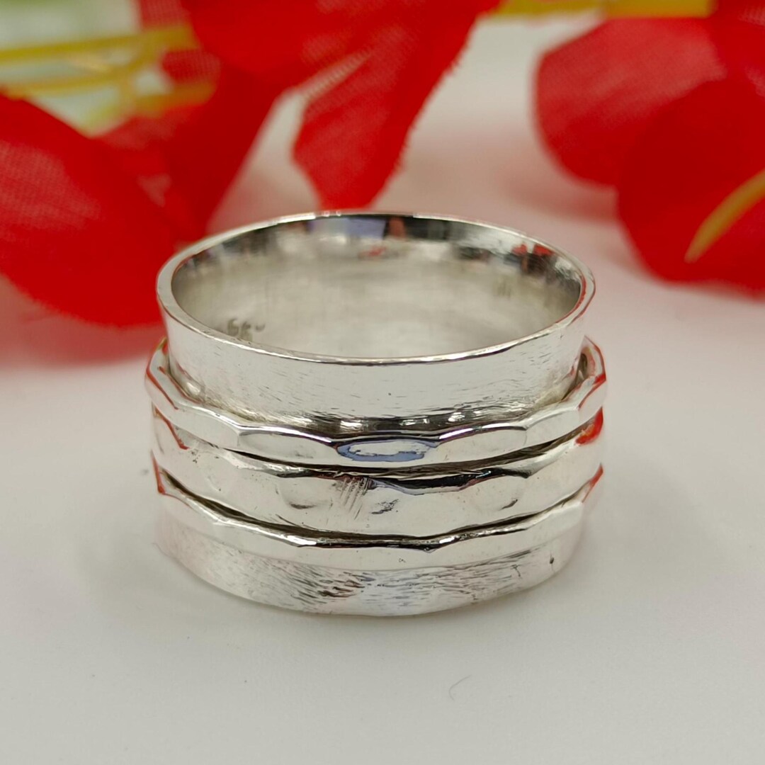 Sterling Silver Spinner Ring: Wide Band Hammered Meditation Jewelry - Etsy
