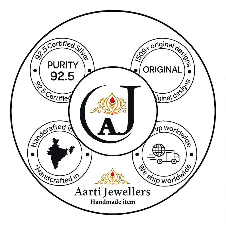 May include: Circular graphic with text and design elements. The central circle features the letters "AJ" and a floral design. Surrounding circles display text including "92.5 Certified Silver", "Handcrafted in", and "1509+ original designs". The words "Aarti Jewellers" are also visible.