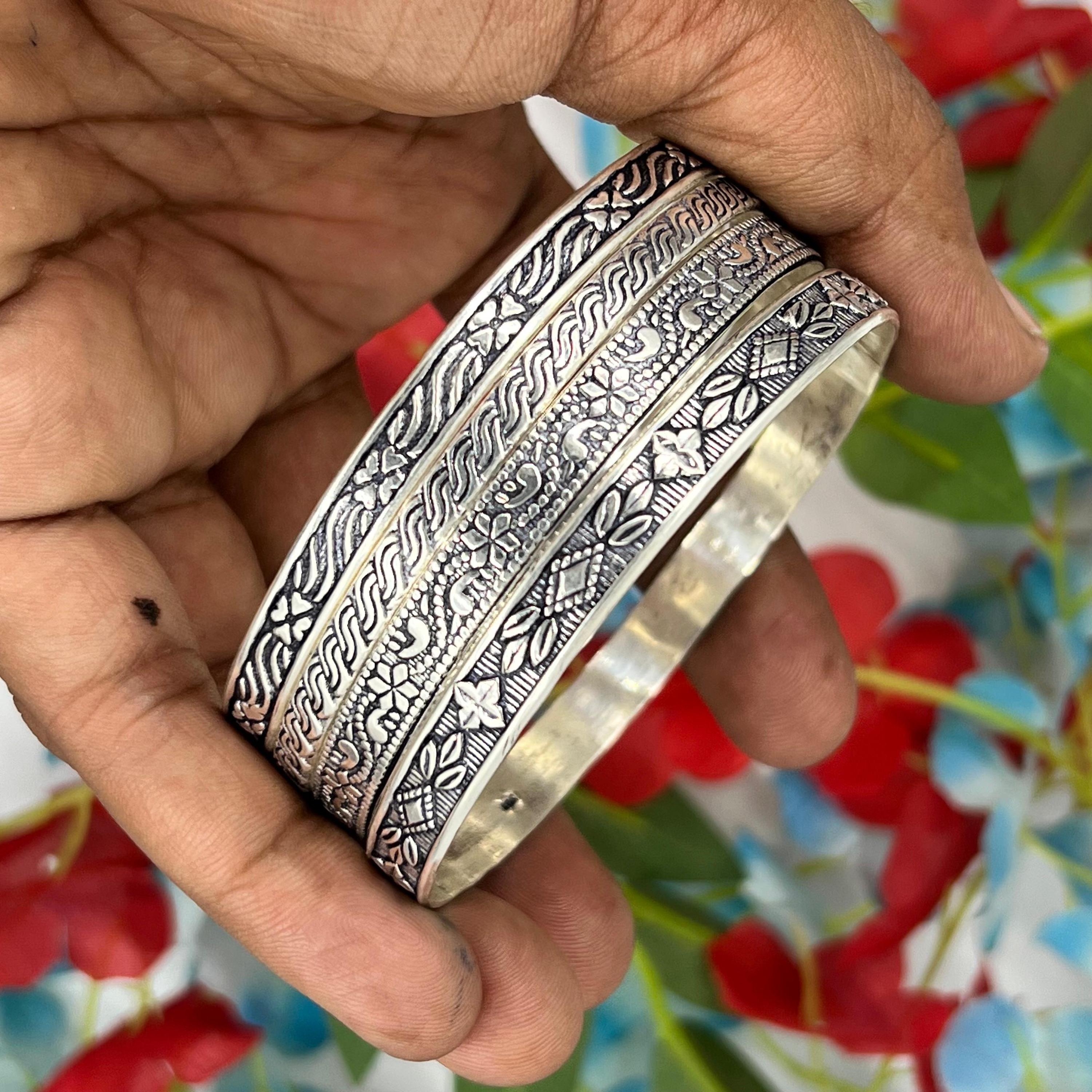 Handmade Oxidized 925 Silver Bangle: Tribal Floral Cuff Bracelet