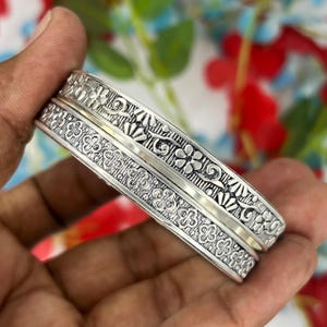 Handcrafted Floral Sterling Silver Bangles: Oxidized Ethnic Kada Bracelet