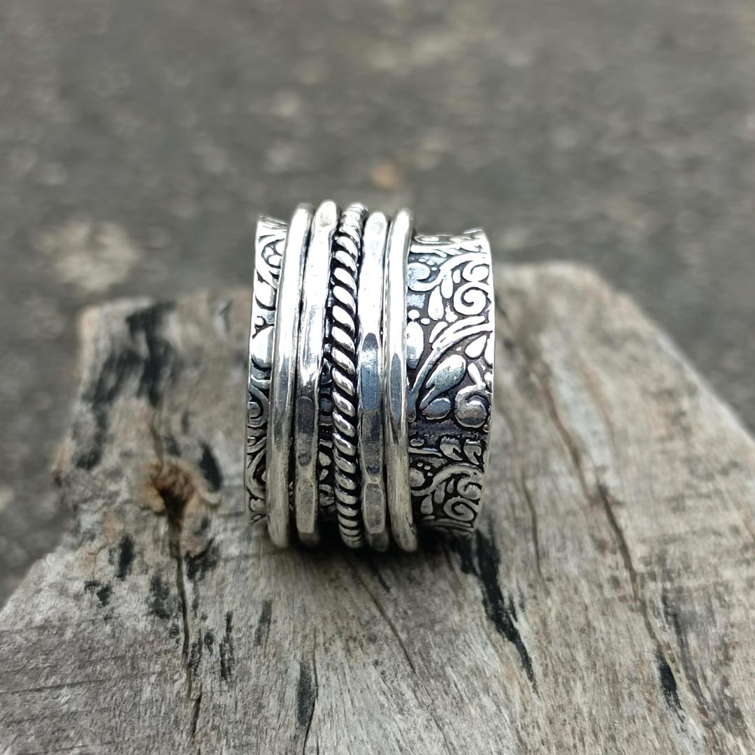 Floral Sterling Silver Spinner Ring | Boho Wide Band Meditation Ring - Etsy